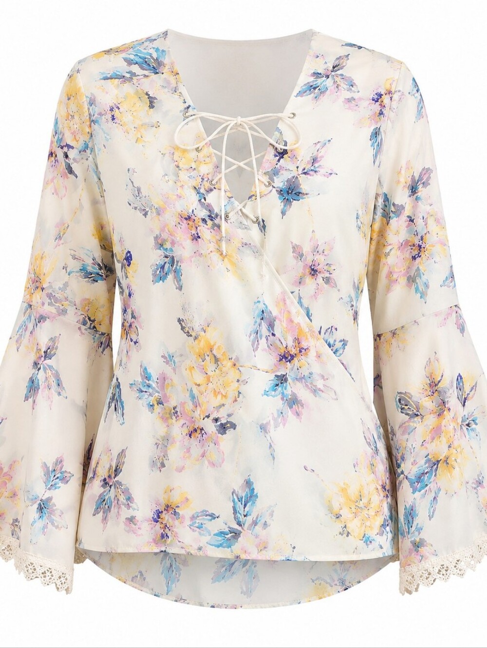 UMGEE | Floral Lace-Up Faux Wrap Romantic Garden Fairy Bell‎ Sleeve Blouse | L